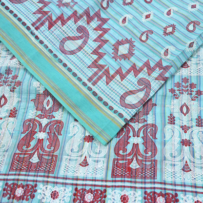 Indian Vintage Sari Green Hand Painted Pure Cotton Sarees Craft Fabric 5Yard Sewing Sarong Wrap Boho Dress making Crafting Upcycle Geometric