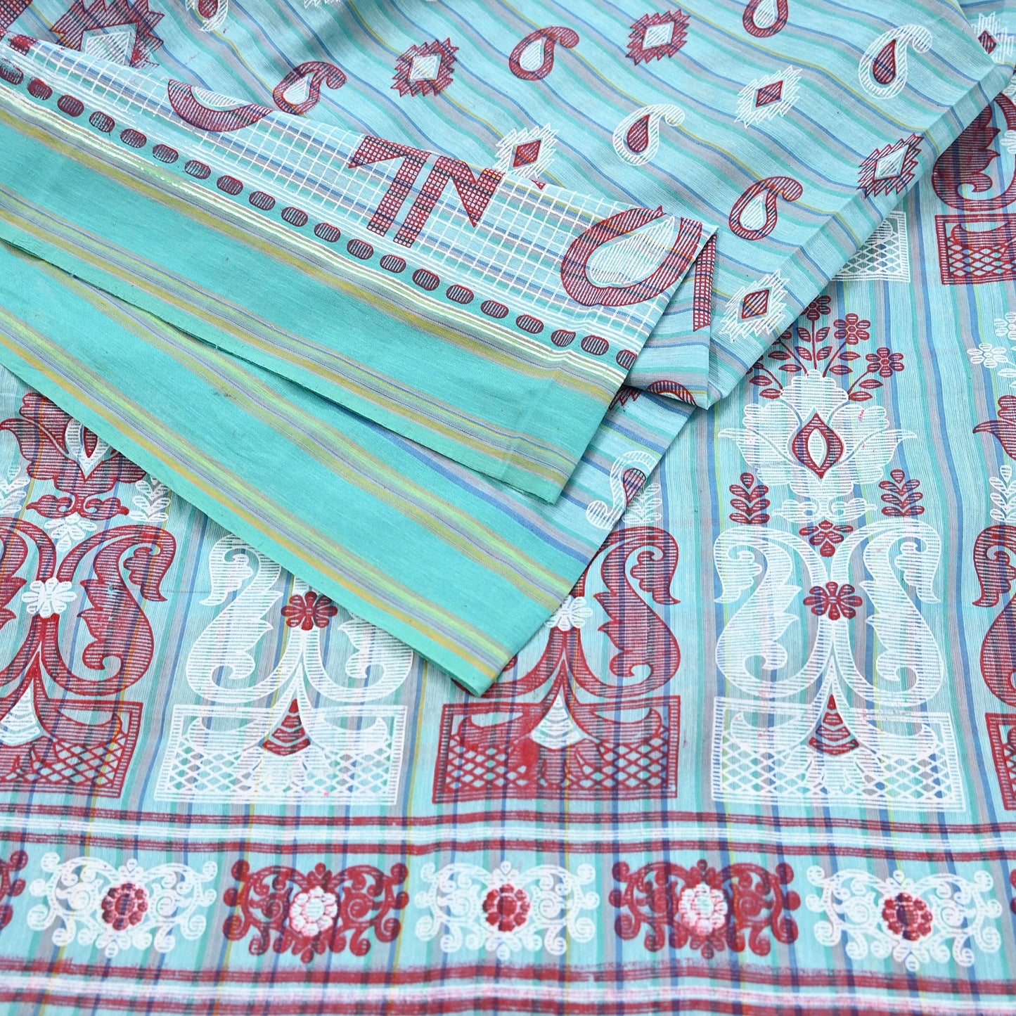 Indian Vintage Sari Green Hand Painted Pure Cotton Sarees Craft Fabric 5Yard Sewing Sarong Wrap Boho Dress making Crafting Upcycle Geometric