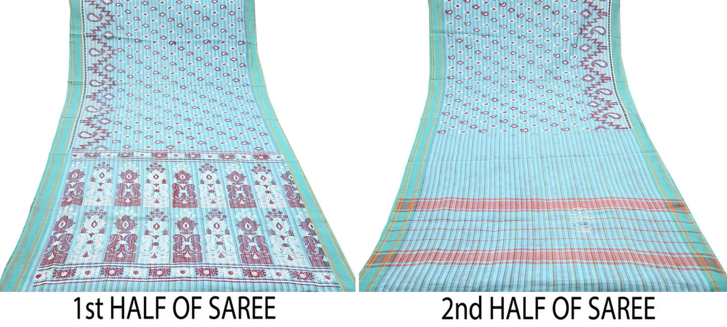 Indian Vintage Sari Green Hand Painted Pure Cotton Sarees Craft Fabric 5Yard Sewing Sarong Wrap Boho Dress making Crafting Upcycle Geometric