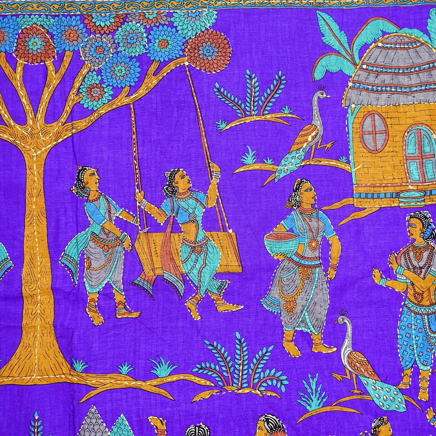 Indian Vintage Sari Blue & Beige Artificial Silk Hand Embroidered Kantha Sarees Craft Fabric 5yd Sewing Soft Dress Making Crafting Upcycle