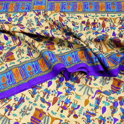 Indian Vintage Sari Blue & Beige Artificial Silk Hand Embroidered Kantha Sarees Craft Fabric 5yd Sewing Soft Dress Making Crafting Upcycle