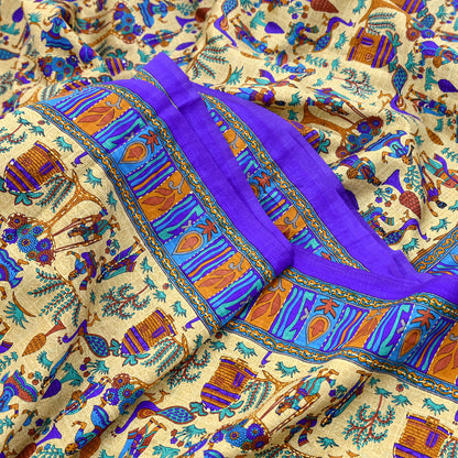Indian Vintage Sari Blue & Beige Artificial Silk Hand Embroidered Kantha Sarees Craft Fabric 5yd Sewing Soft Dress Making Crafting Upcycle