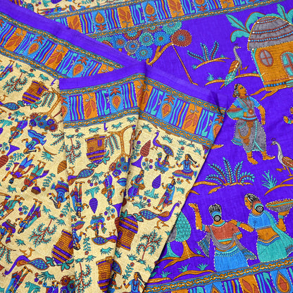 Indian Vintage Sari Blue & Beige Artificial Silk Hand Embroidered Kantha Sarees Craft Fabric 5yd Sewing Soft Dress Making Crafting Upcycle