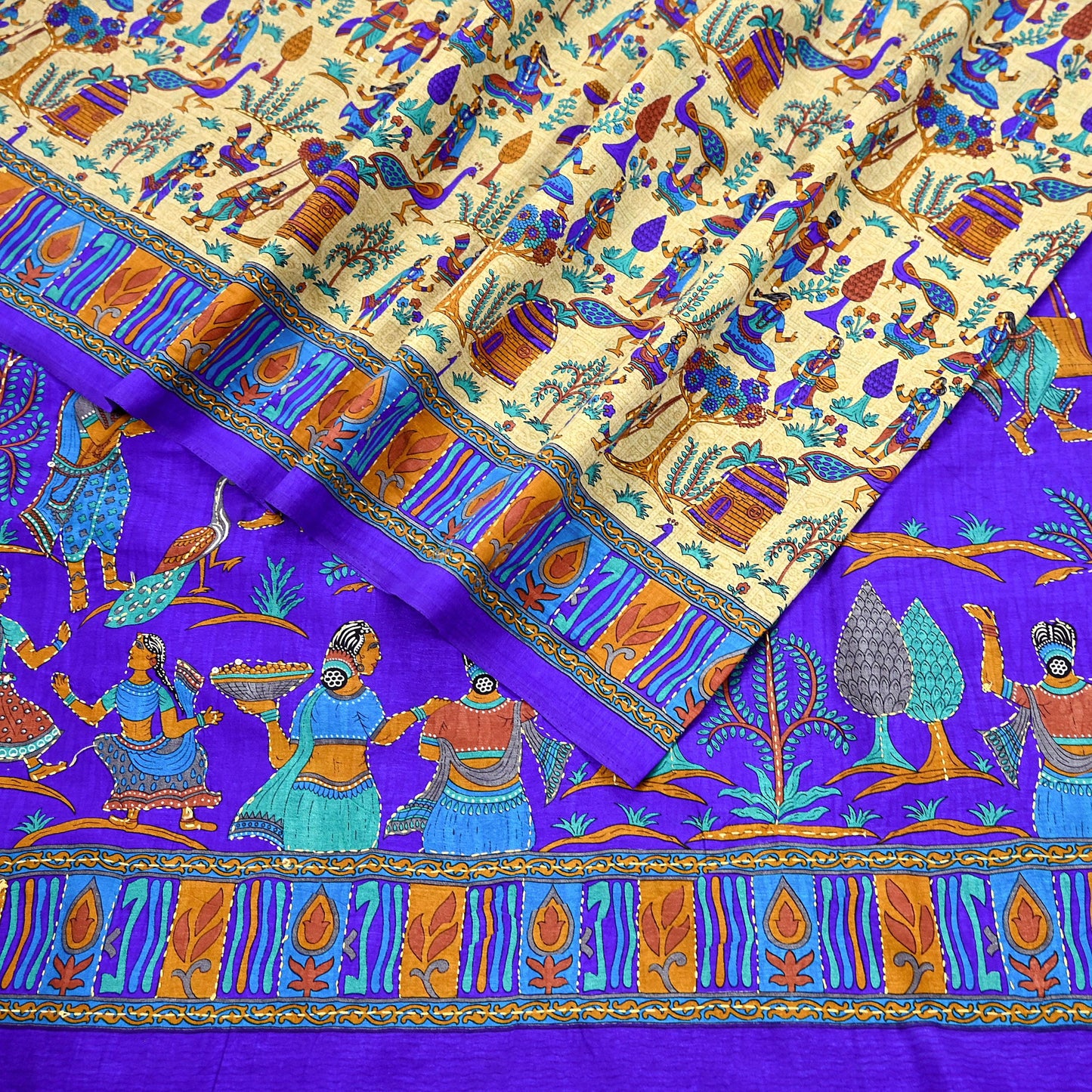 Indian Vintage Sari Blue & Beige Artificial Silk Hand Embroidered Kantha Sarees Craft Fabric 5yd Sewing Soft Dress Making Crafting Upcycle