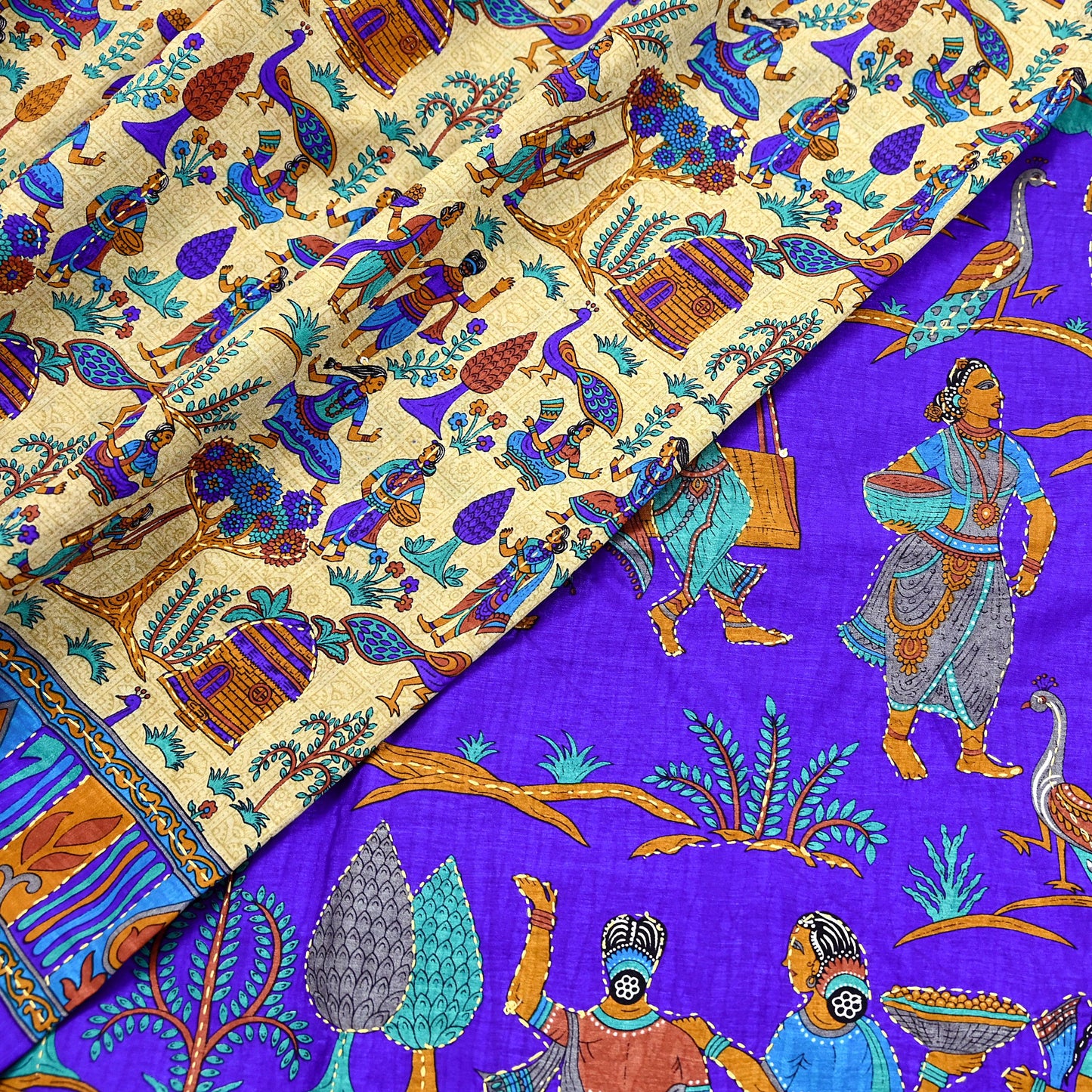 Indian Vintage Sari Blue & Beige Artificial Silk Hand Embroidered Kantha Sarees Craft Fabric 5yd Sewing Soft Dress Making Crafting Upcycle