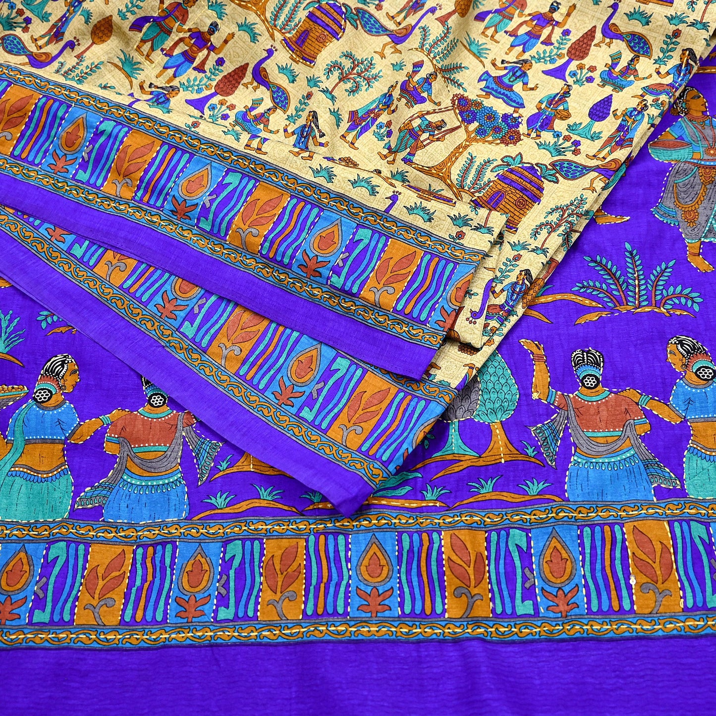 Indian Vintage Sari Blue & Beige Artificial Silk Hand Embroidered Kantha Sarees Craft Fabric 5yd Sewing Soft Dress Making Crafting Upcycle