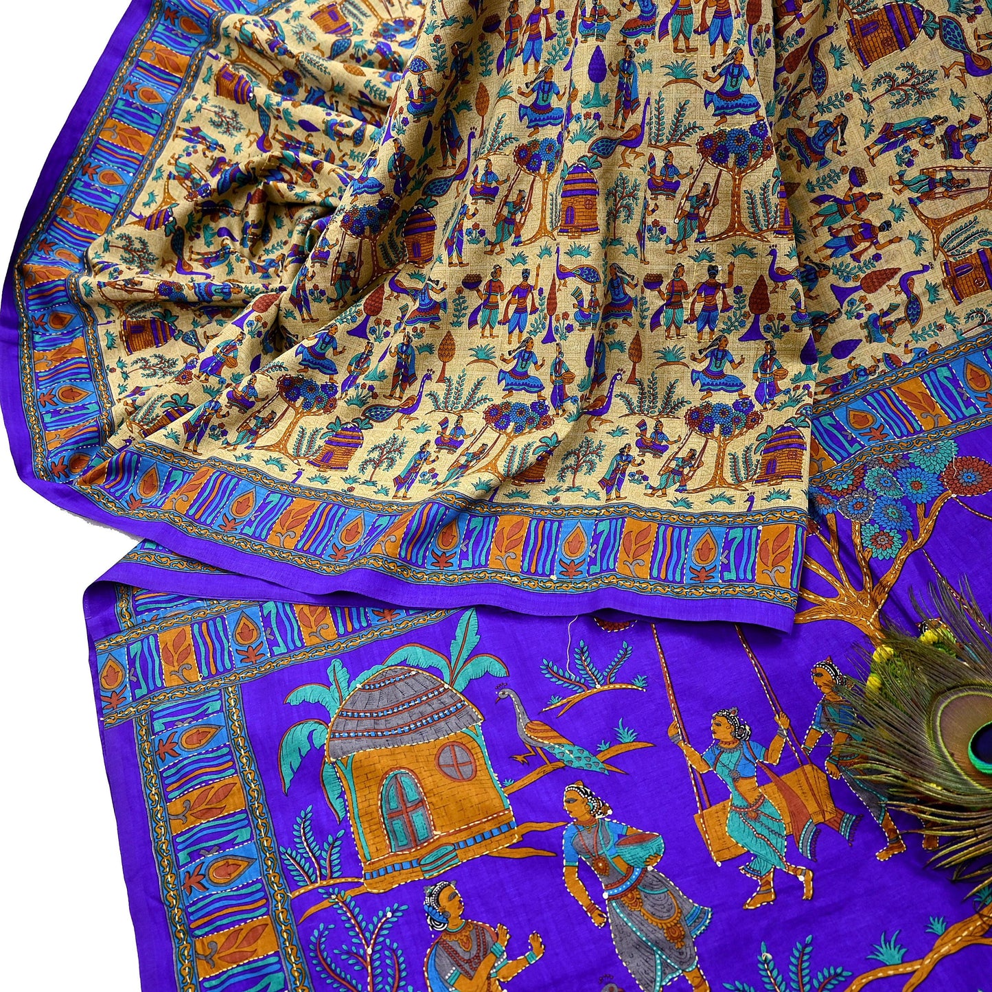 Indian Vintage Sari Blue & Beige Artificial Silk Hand Embroidered Kantha Sarees Craft Fabric 5yd Sewing Soft Dress Making Crafting Upcycle