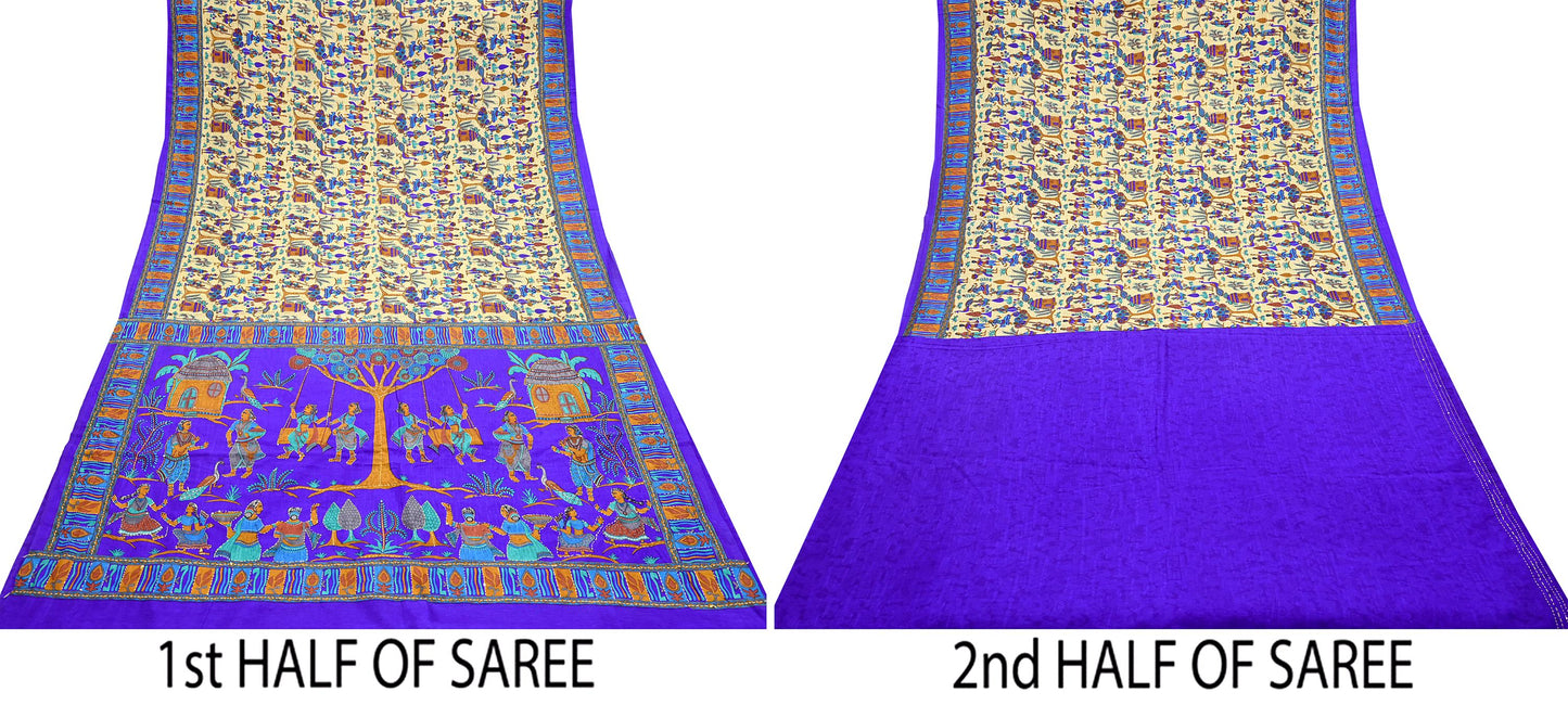 Indian Vintage Sari Blue & Beige Artificial Silk Hand Embroidered Kantha Sarees Craft Fabric 5yd Sewing Soft Dress Making Crafting Upcycle