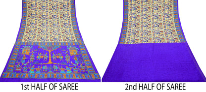 Indian Vintage Sari Blue & Beige Artificial Silk Hand Embroidered Kantha Sarees Craft Fabric 5yd Sewing Soft Dress Making Crafting Upcycle