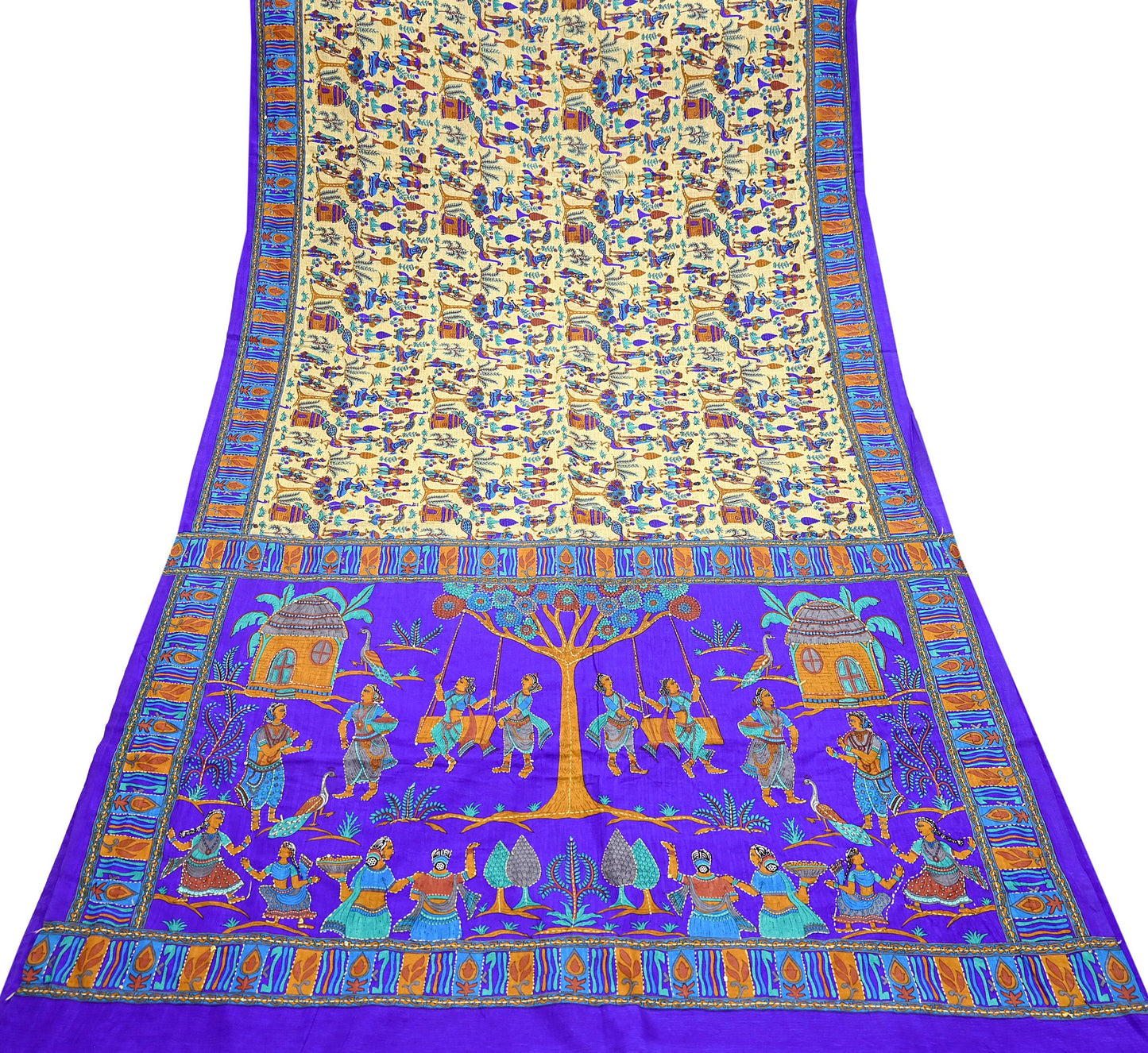 Indian Vintage Sari Blue & Beige Artificial Silk Hand Embroidered Kantha Sarees Craft Fabric 5yd Sewing Soft Dress Making Crafting Upcycle