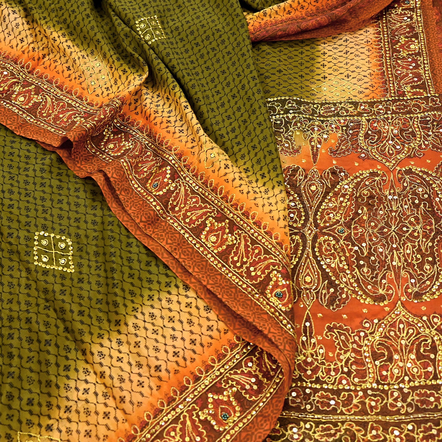 Indian Vintage Sari Green & Orange Artificial Silk Hand Embroidered Sarees Craft Fabric 5Yd Sewing Soft Zardozi/Zari Upcycle Dress Making