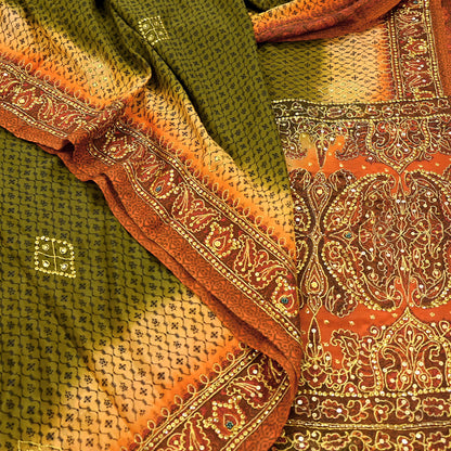 Indian Vintage Sari Green & Orange Artificial Silk Hand Embroidered Sarees Craft Fabric 5Yd Sewing Soft Zardozi/Zari Upcycle Dress Making