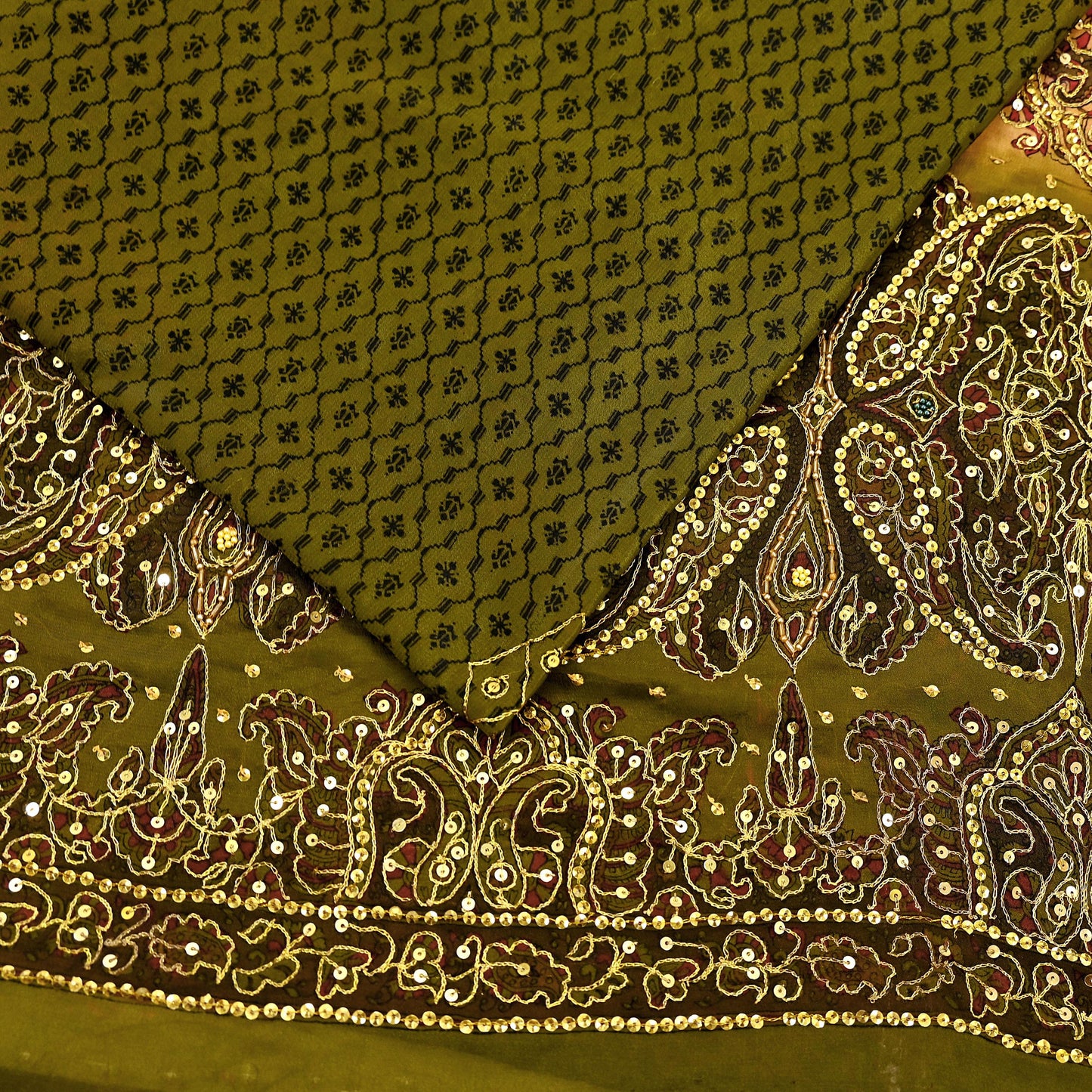 Indian Vintage Sari Green & Orange Artificial Silk Hand Embroidered Sarees Craft Fabric 5Yd Sewing Soft Zardozi/Zari Upcycle Dress Making