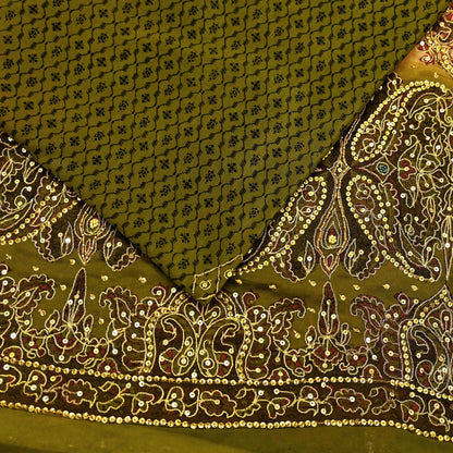 Indian Vintage Sari Green & Orange Artificial Silk Hand Embroidered Sarees Craft Fabric 5Yd Sewing Soft Zardozi/Zari Upcycle Dress Making