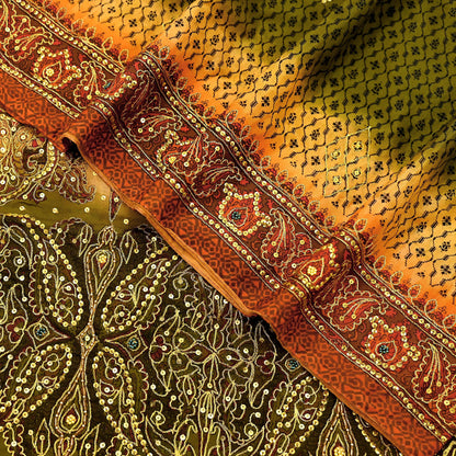 Indian Vintage Sari Green & Orange Artificial Silk Hand Embroidered Sarees Craft Fabric 5Yd Sewing Soft Zardozi/Zari Upcycle Dress Making