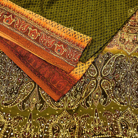 Indian Vintage Sari Green & Orange Artificial Silk Hand Embroidered Sarees Craft Fabric 5Yd Sewing Soft Zardozi/Zari Upcycle Dress Making
