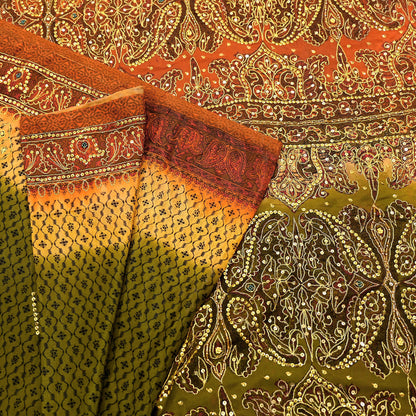 Indian Vintage Sari Green & Orange Artificial Silk Hand Embroidered Sarees Craft Fabric 5Yd Sewing Soft Zardozi/Zari Upcycle Dress Making