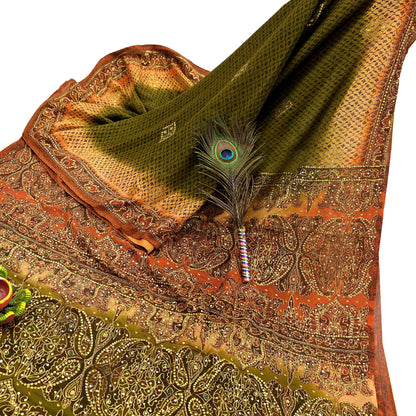 Indian Vintage Sari Green & Orange Artificial Silk Hand Embroidered Sarees Craft Fabric 5Yd Sewing Soft Zardozi/Zari Upcycle Dress Making