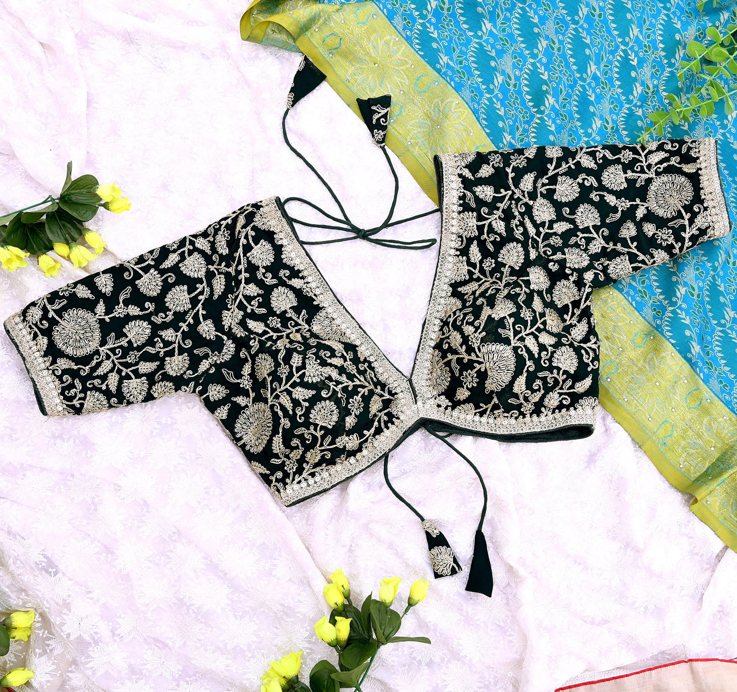 Indian New Bottle Green Georgette Hand Embroidered Padded Blouse/Top/Crop M Size Party wear Bollywood