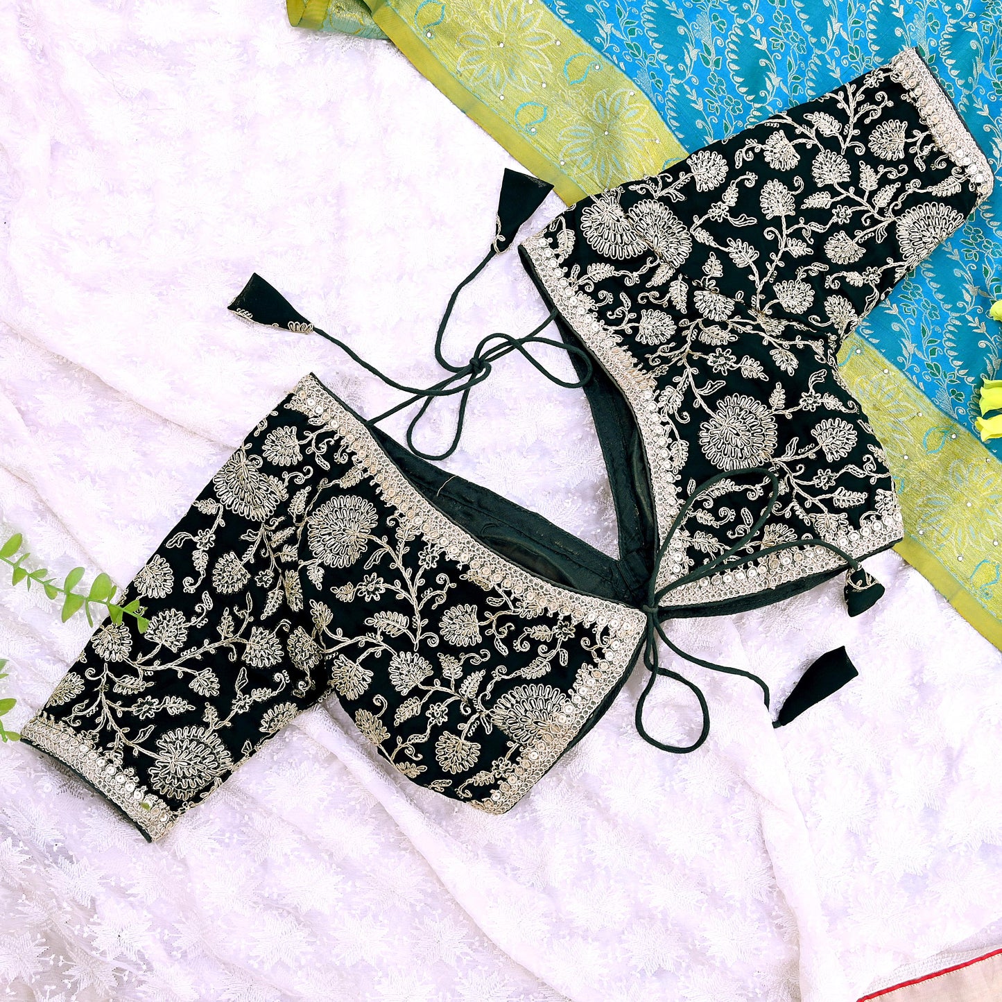 Indian New Bottle Green Georgette Hand Embroidered Padded Blouse/Top/Crop M Size Party wear Bollywood