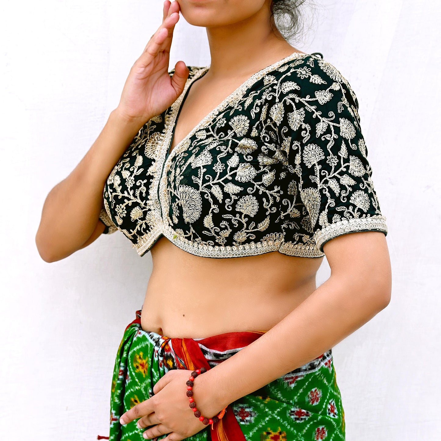 Indian New Bottle Green Georgette Hand Embroidered Padded Blouse/Top/Crop M Size Party wear Bollywood