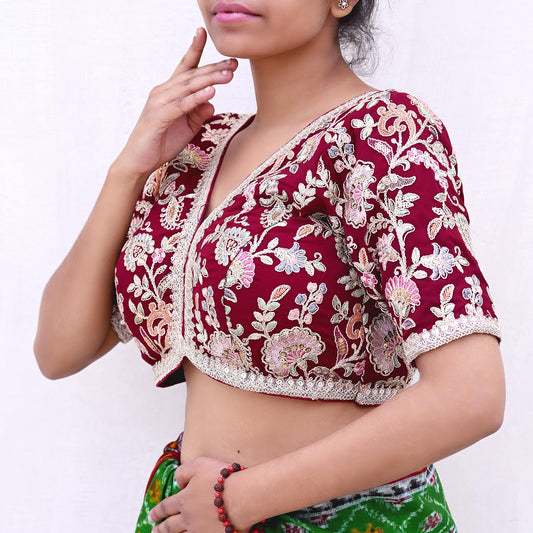 Indian New Maroon Georgette Hand Embroidered Padded Blouse/Top/Crop M Size Party wear Bollywood
