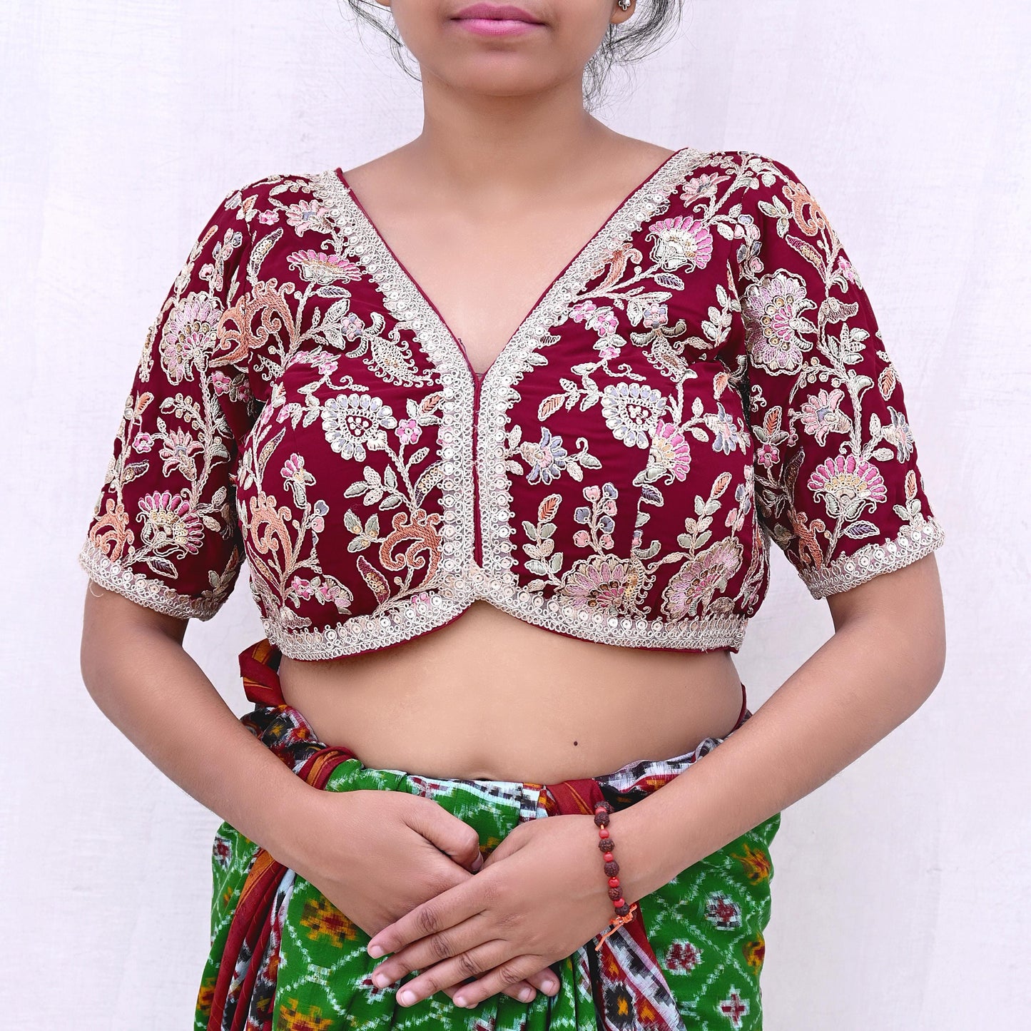 Indian New Maroon Georgette Hand Embroidered Padded Blouse/Top/Crop M Size Party wear Bollywood