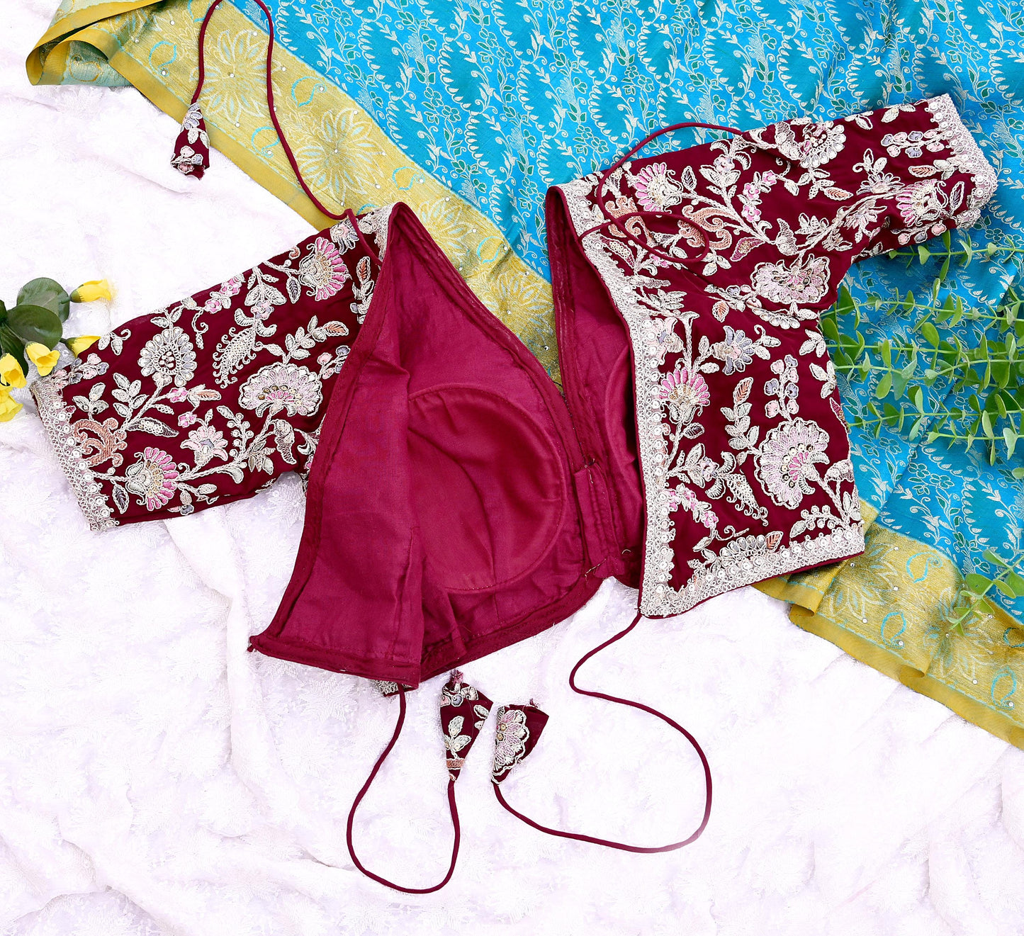 Indian New Maroon Georgette Hand Embroidered Padded Blouse/Top/Crop M Size Party wear Bollywood