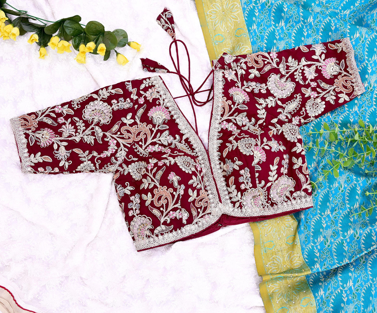 Indian New Maroon Georgette Hand Embroidered Padded Blouse/Top/Crop M Size Party wear Bollywood