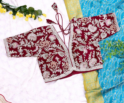 Indian New Maroon Georgette Hand Embroidered Padded Blouse/Top/Crop M Size Party wear Bollywood