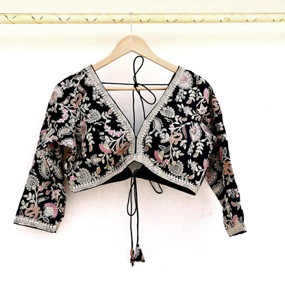 Indian New Black Georgette Hand Embroidered Padded Blouse/Top/Crop M Size Party wear Bollywood