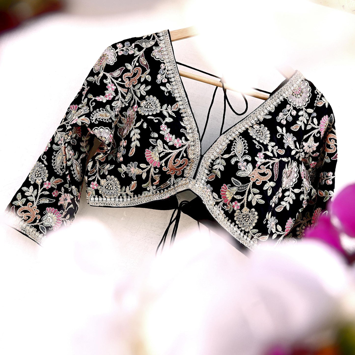 Indian New Black Georgette Hand Embroidered Padded Blouse/Top/Crop M Size Party wear Bollywood