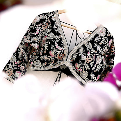 Indian New Black Georgette Hand Embroidered Padded Blouse/Top/Crop M Size Party wear Bollywood