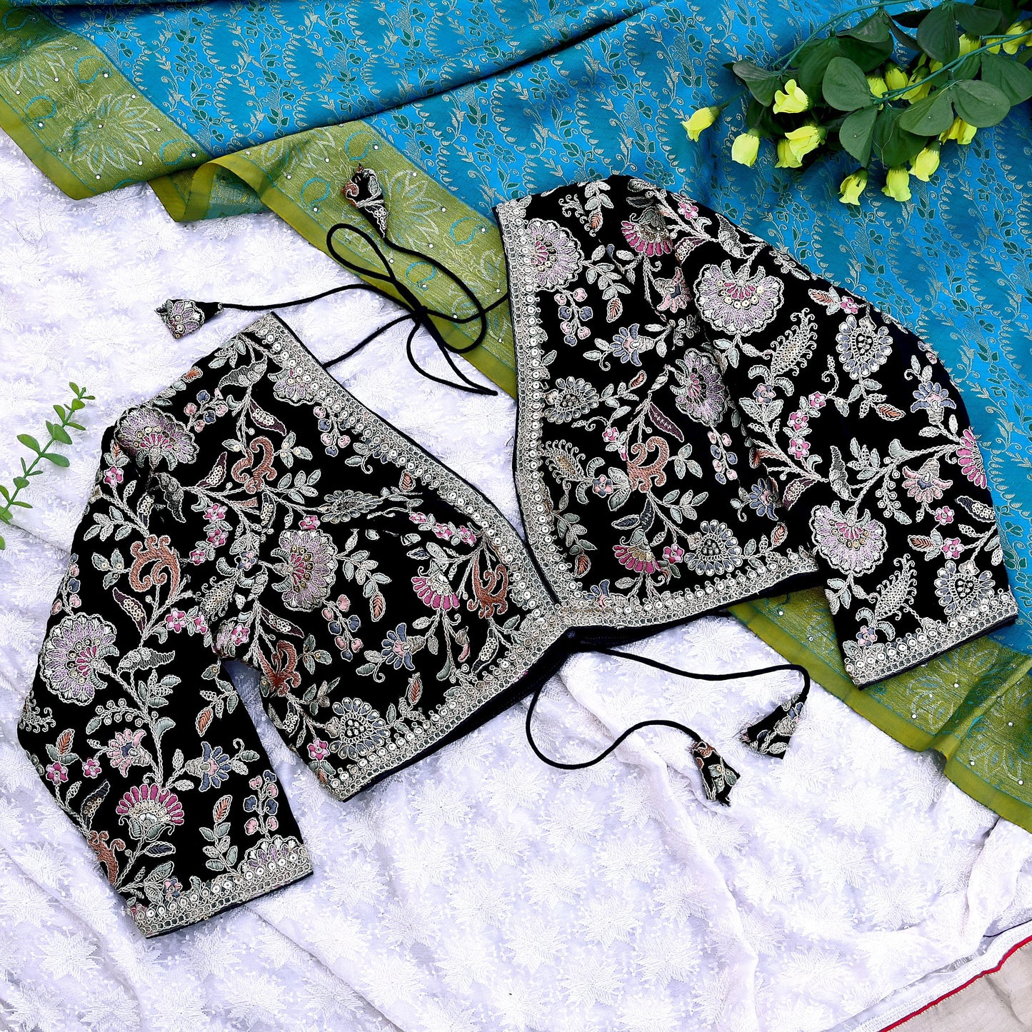 Indian New Black Georgette Hand Embroidered Padded Blouse/Top/Crop M Size Party wear Bollywood