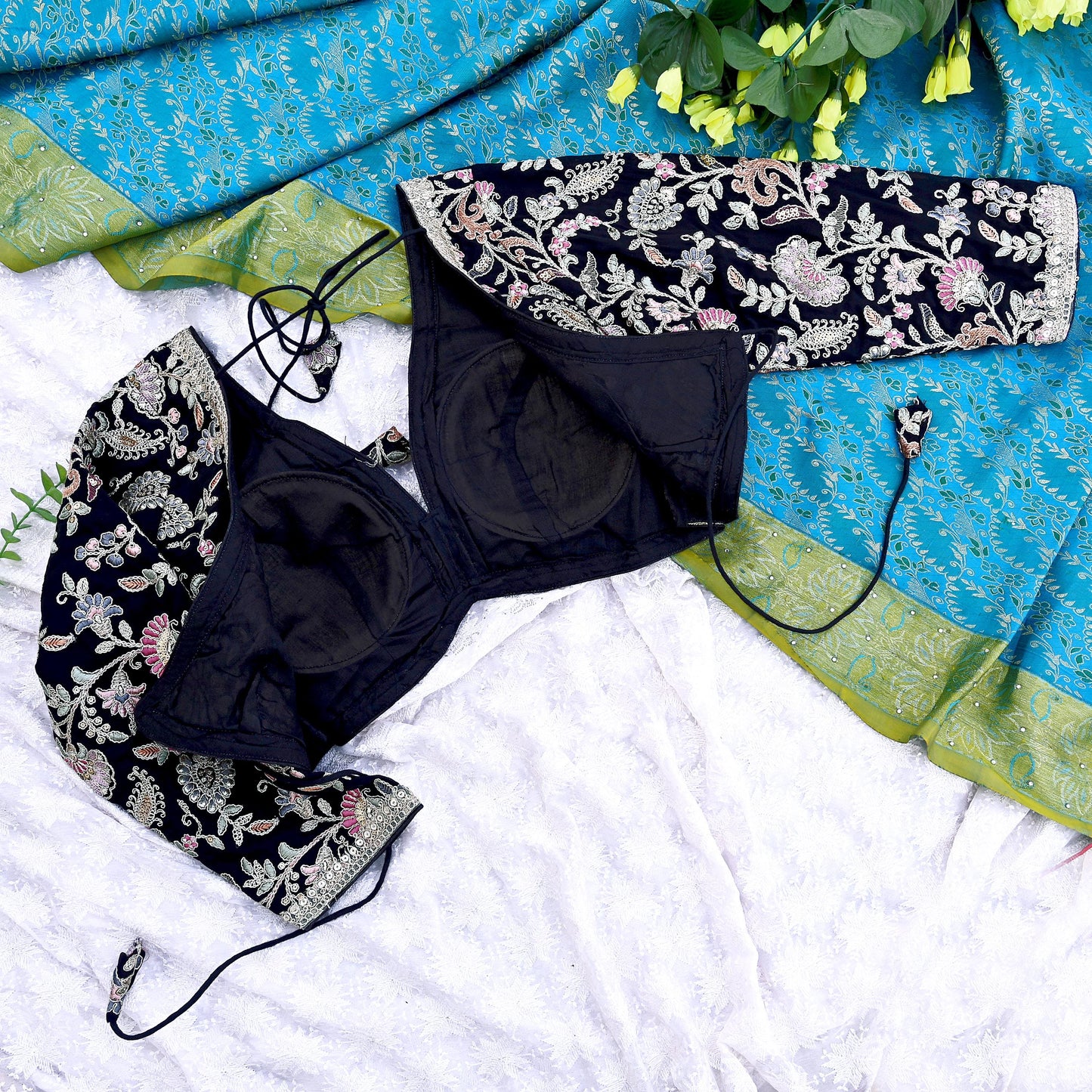 Indian New Black Georgette Hand Embroidered Padded Blouse/Top/Crop M Size Party wear Bollywood