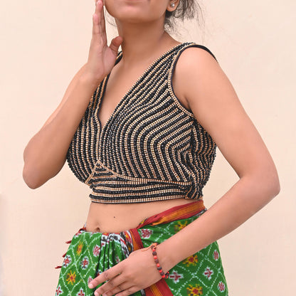 Indian New Black Chanderi silk Hand Embroidered Padded Blouse/Top/Crop M Size Party wear Bollywood