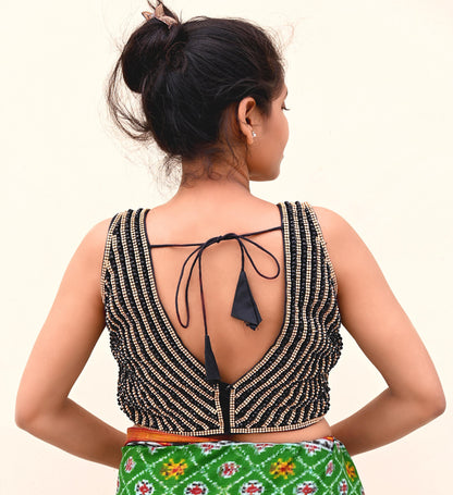 Indian New Black Chanderi silk Hand Embroidered Padded Blouse/Top/Crop M Size Party wear Bollywood