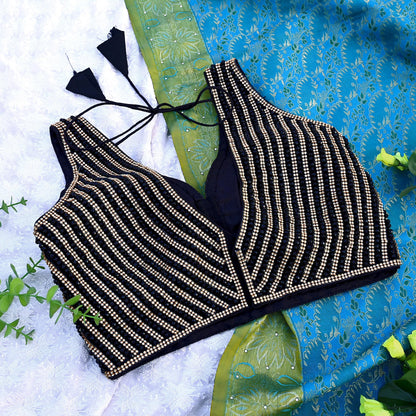 Indian New Black Chanderi silk Hand Embroidered Padded Blouse/Top/Crop M Size Party wear Bollywood