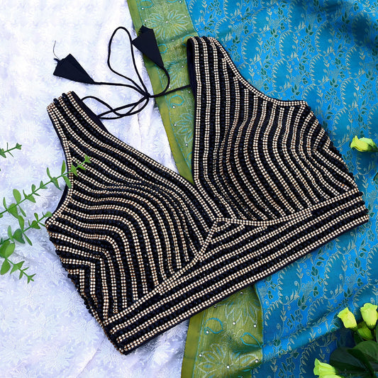 Indian New Black Chanderi silk Hand Embroidered Padded Blouse/Top/Crop M Size Party wear Bollywood