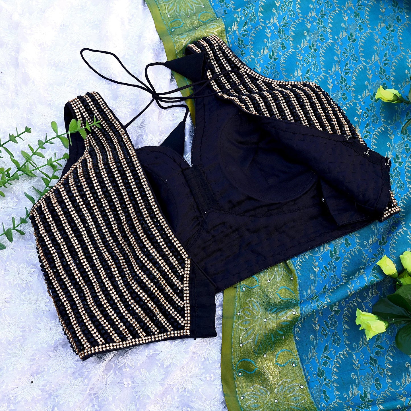 Indian New Black Chanderi silk Hand Embroidered Padded Blouse/Top/Crop M Size Party wear Bollywood