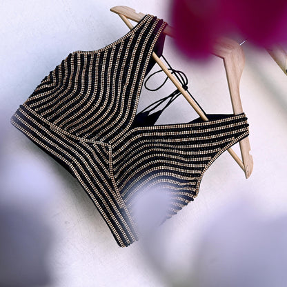 Indian New Black Chanderi silk Hand Embroidered Padded Blouse/Top/Crop M Size Party wear Bollywood