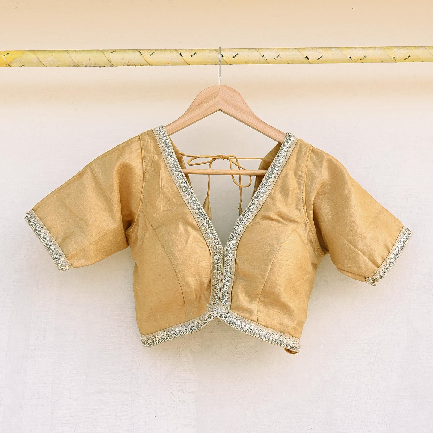 Indian New Golden Beige Chanderi Hand Embroidered Padded Blouse/Top/Crop M Size Party wear Bollywood