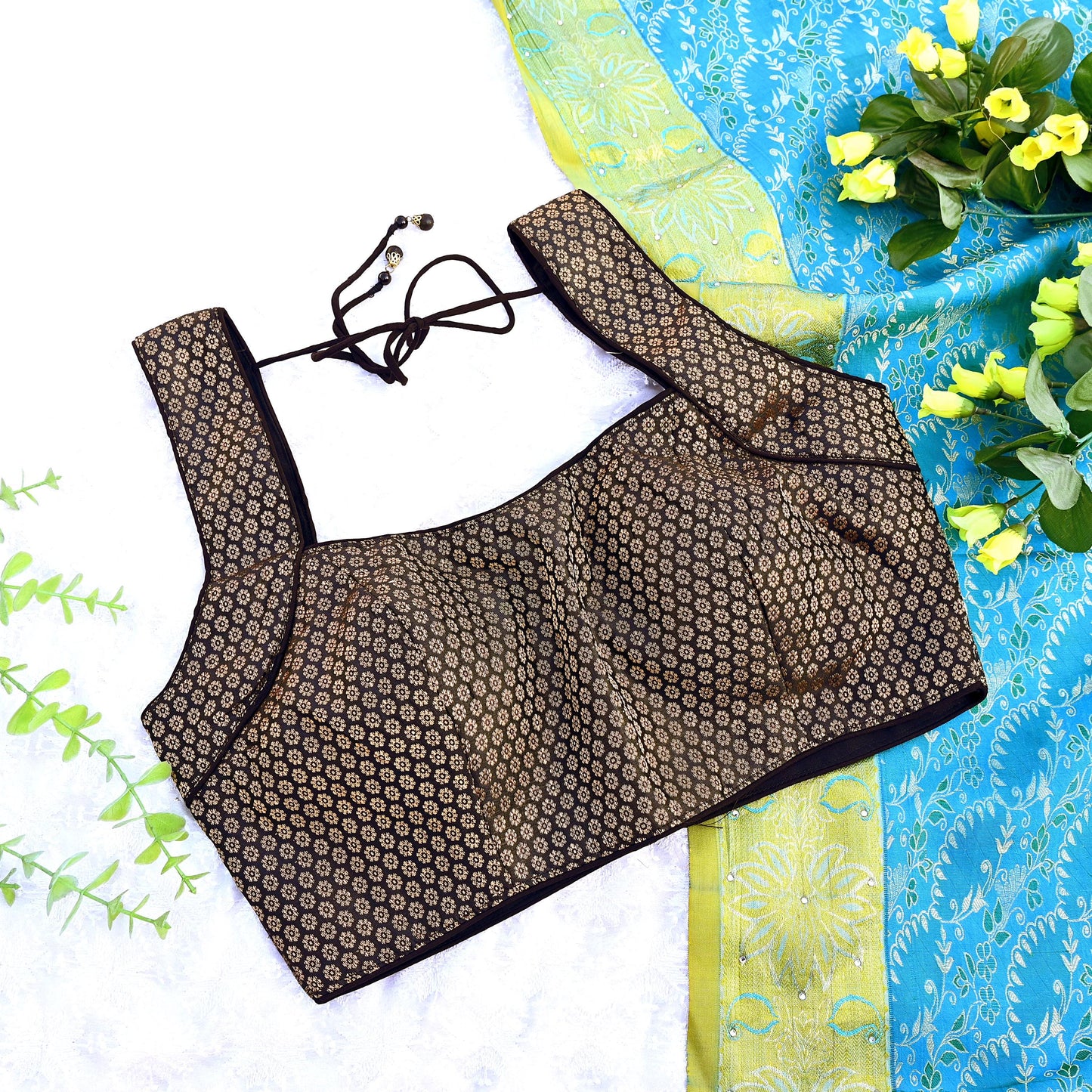 Indian New Black Chanderi silk Woven Brocade Padded Blouse/Top/Crop M Size Party wear Bollywood