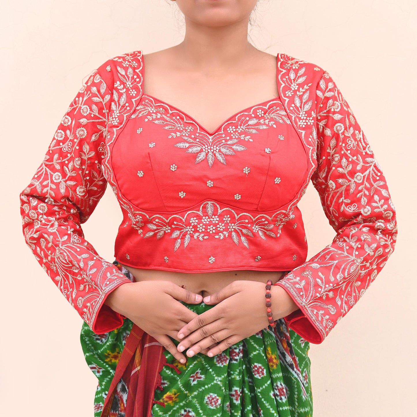 Indian New Red Chanderi Hand Embroidered Padded Blouse/Top/Crop M Size Party wear Bollywood