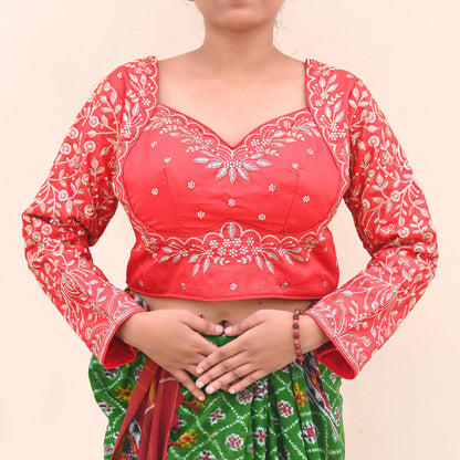 Indian New Red Chanderi Hand Embroidered Padded Blouse/Top/Crop M Size Party wear Bollywood