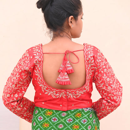 Indian New Red Chanderi Hand Embroidered Padded Blouse/Top/Crop M Size Party wear Bollywood