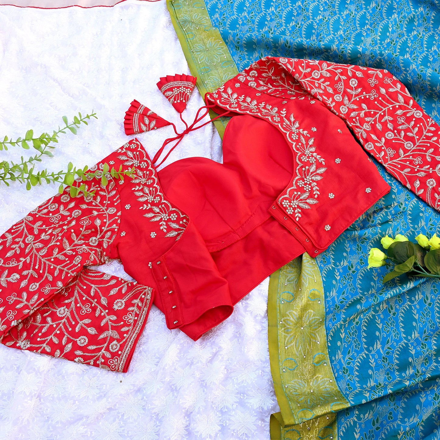 Indian New Red Chanderi Hand Embroidered Padded Blouse/Top/Crop M Size Party wear Bollywood