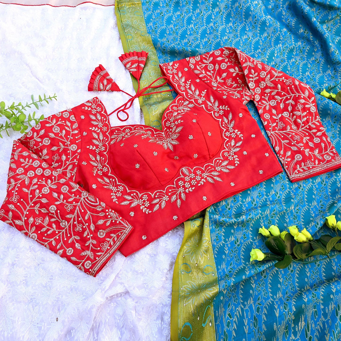 Indian New Red Chanderi Hand Embroidered Padded Blouse/Top/Crop M Size Party wear Bollywood