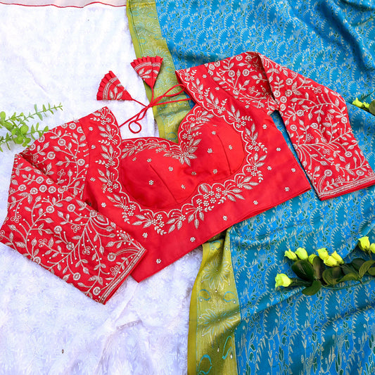 Indian New Red Chanderi Hand Embroidered Padded Blouse/Top/Crop M Size Party wear Bollywood