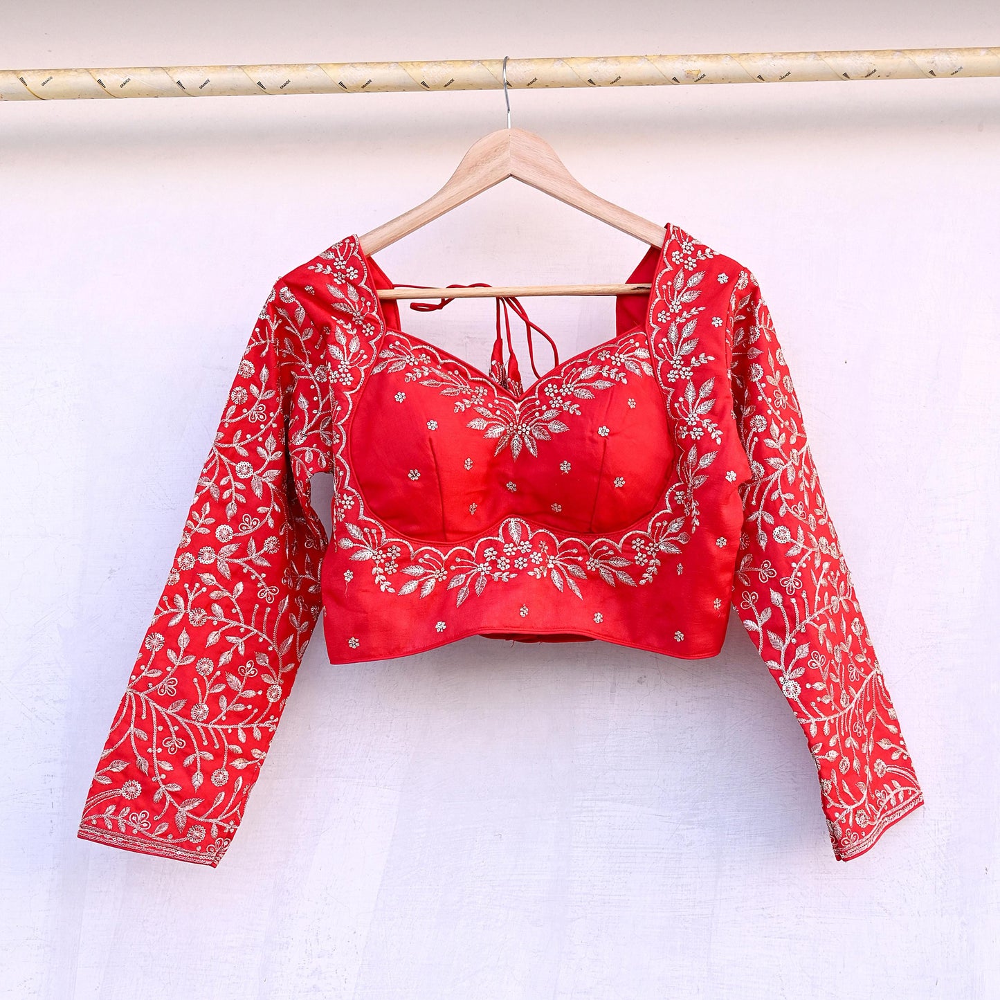 Indian New Red Chanderi Hand Embroidered Padded Blouse/Top/Crop M Size Party wear Bollywood
